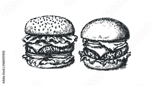 Sketch Style Pair of Burgers on Transparent Background. Vector hand drawn illustration