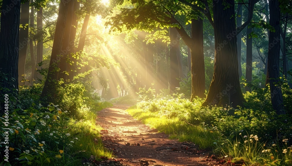Obraz premium Sunlight Filtering Through Trees in a Serene Forest Pathway