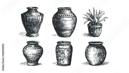 Collection of Hand Drawn Pottery Vases and Potted Plant. Vector hand drawn illustration