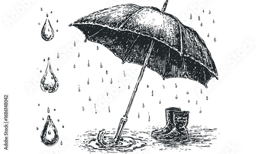 Rainy Day Scene with Umbrella, Boots, and Falling Drops on Transparent Background. Vector hand drawn illustration