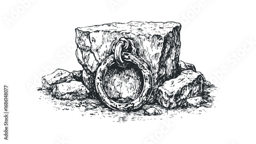 Hand Drawn Ring Attached to Large Stone Rock Formation. Vector hand drawn illustration