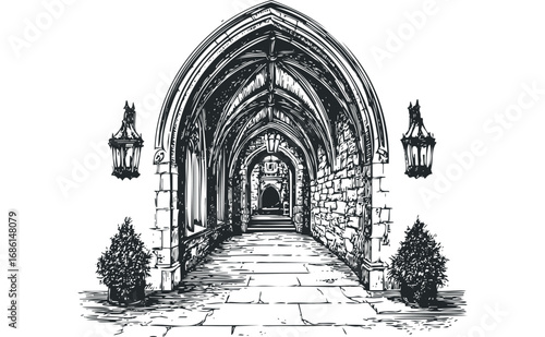 Gothic Archway Corridor with Stone Walls and Ornamental Lanterns. Vector hand drawn illustration
