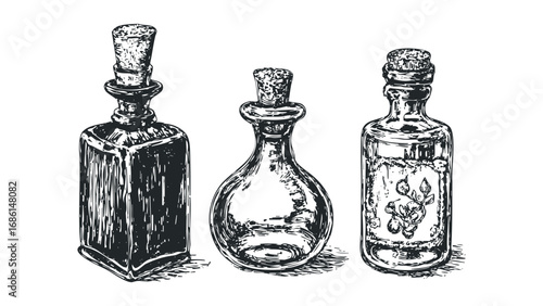 Three Vintage Glass Bottles with Cork Stoppers Detailed Sketch. Vector hand drawn illustration