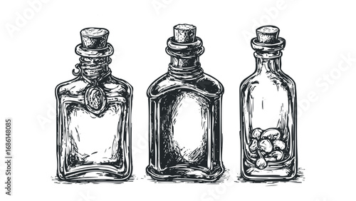 Vintage Glass Bottles with Cork Stopper and Contents on Transparent Background. Vector hand drawn illustration