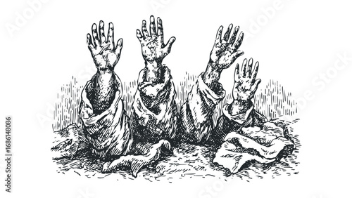 Four raised hands emerging from ground with vintage linework style. Vector hand drawn illustration