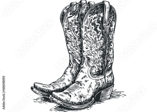Detailed Cowboy Boots With Intricate Floral Stamping. Vector hand drawn illustration