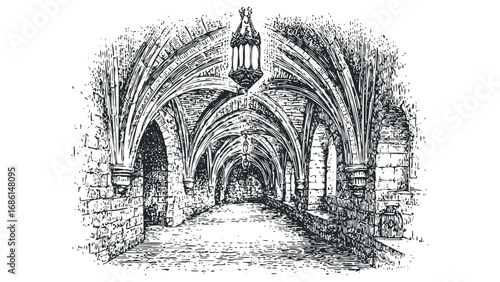 Gothic Cloister Archway with Lanterns Pen Sketch. Vector hand drawn illustration