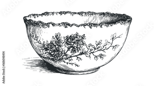 Vintage porcelain bowl with floral design ink sketch. Vector hand drawn illustration