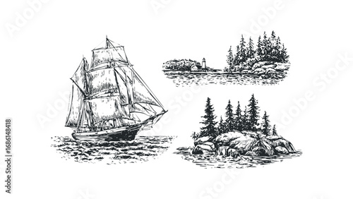 Detailed Sketch of a Sailing Ship Navigating Calm Waters Near Rocky Islands and a Lighthouse. Vector hand drawn illustration