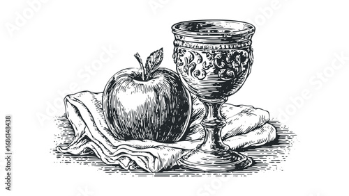 Vintage Engraved Goblet and Apple on Fabric Still Life. Vector hand drawn illustration