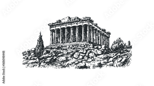 Ancient Greek temple structure with surrounding rocky terrain and foliage sketch. Vector hand drawn illustration