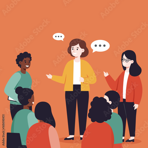 A group of people engaged in a discussion, with one person presenting ideas.