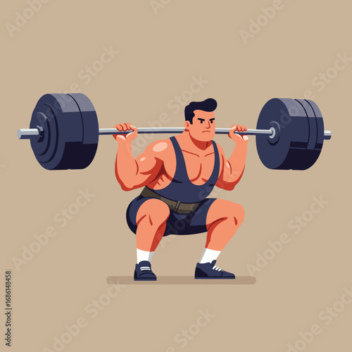 A muscular man performing a squat with a barbell, showcasing strength training.