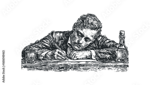 Man writing at a desk with a drink and bottle. Vector hand drawn illustration
