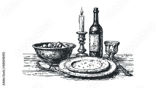 Sketch of a Festive Meal Setting with Candle, Wine Bottle, and Plates. Vector hand drawn illustration