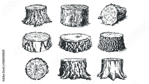 Collection of Hand Drawn Tree Stumps in Black and White. Vector hand drawn illustration