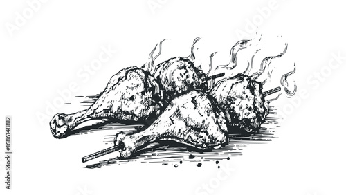 Hand-drawn sketch of hot grilled chicken drumsticks on sticks with wisps of steam. Vector hand drawn illustration