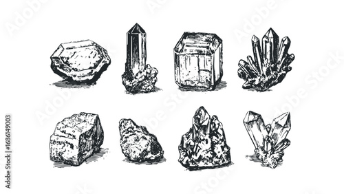 Collection of eight distinct crystalline mineral formations with textured surfaces isolated on white. Vector hand drawn illustration