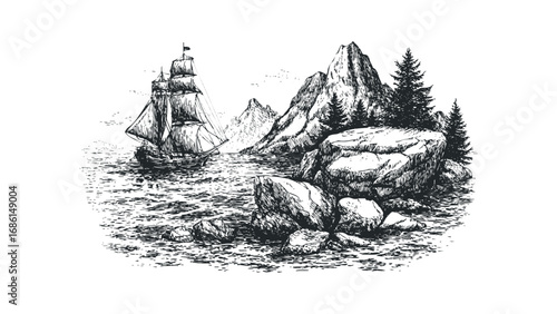 Vintage Sailing Ship Navigating Rough Waters Near Rocky Shoreline with Pine Trees. Vector hand drawn illustration