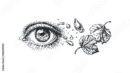 Detailed Ink Drawing of a Human Eye with Falling Tears and Autumn Leaves on Transparent Background. Vector hand drawn illustration