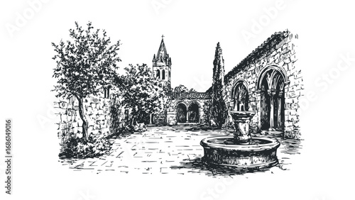 Architectural sketch of a courtyard with a stone fountain and church spire. Vector hand drawn illustration