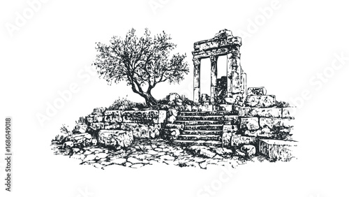 Ancient stone ruins with a tree and stone steps. Vector hand drawn illustration