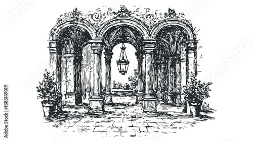 Architectural arcade with hanging lantern and potted plants rendered in a sketch style. Vector hand drawn illustration
