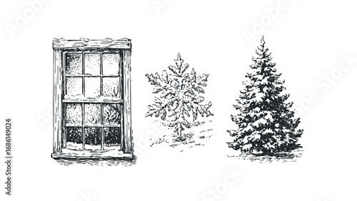 Vintage snowy window and evergreen trees sketch. Vector hand drawn illustration