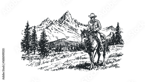 Man riding horse with mountain and trees landscape sketch. Vector hand drawn illustration