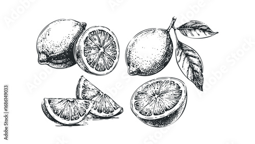 Hand Drawn Sketch of Lemons and Slices with Leaves on Transparent Background. Vector hand drawn illustration