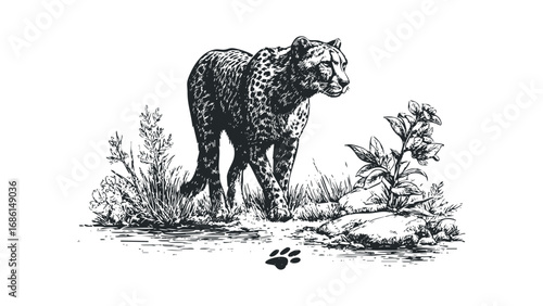 Sketch of a cheetah walking near foliage and rocks. Vector hand drawn illustration