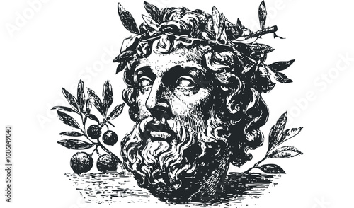 Greek god bust with laurel leaves and olive branch. Vector hand drawn illustration