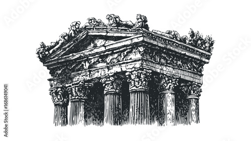 Antique Architectural Element with Classical Columns and Sculptures on Transparent Background. Vector hand drawn illustration