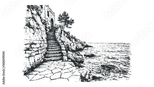 Stone Staircase Ascending Cliffside Next to Textured Ocean Water in Sketch Style. Vector hand drawn illustration