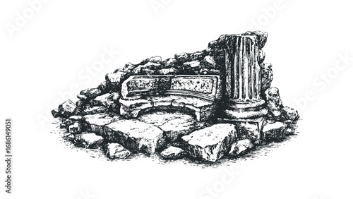 Ancient column ruins with weathered stones and eroded architecture. Vector hand drawn illustration