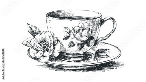 Hand-drawn sketch of a vintage tea cup and saucer with floral decorations. Vector hand drawn illustration