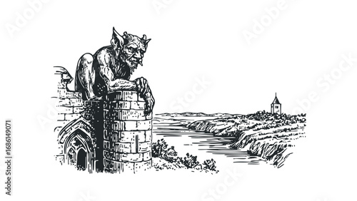 Gargoyle creature resting on historic stone tower overlooking a distant town. Vector hand drawn illustration