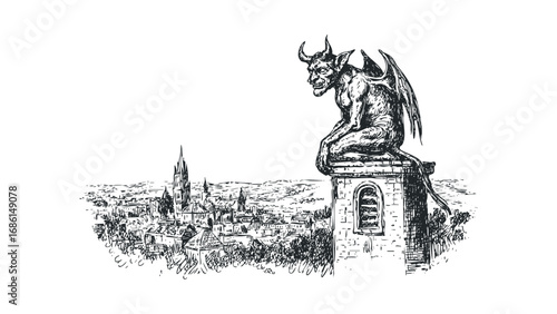 Detailed sketch of a winged demon perched on a stone structure overlooking an ancient cityscape. Vector hand drawn illustration