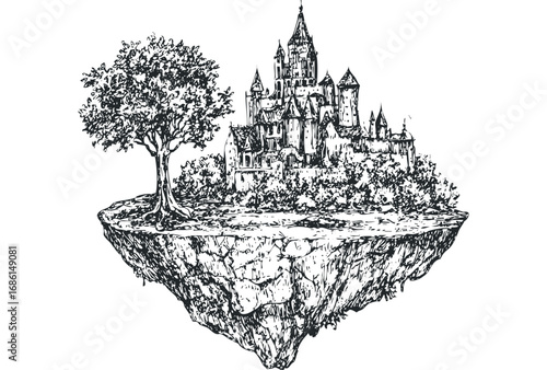 Ink sketch of a fairytale castle on a floating island with a tree. Vector hand drawn illustration