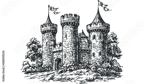Historic stone castle with turrets and flags on a transparent background. Vector hand drawn illustration