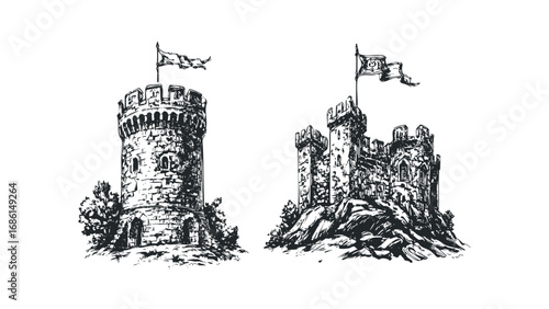 Hand drawn sketch of a medieval stone tower and castle on transparent background. Vector hand drawn illustration