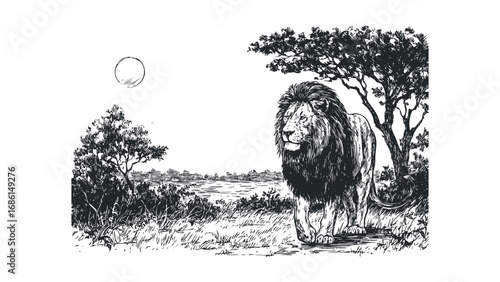 Majestic lion stands in savanna landscape with acacia tree and distant water body. Vector hand drawn illustration