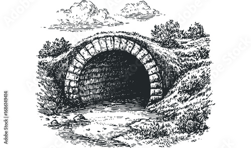 Vintage Stone Archway Entrance to a Dark Tunnel with Overgrown Vegetation. Vector hand drawn illustration