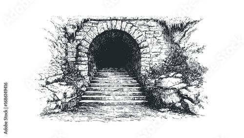 Stone Archway Entrance with Steps and Overgrown Vegetation. Vector hand drawn illustration