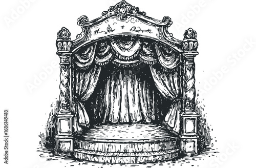 Ornate theatrical stage with draped curtains and ornate pillars on a transparent background. Vector hand drawn illustration