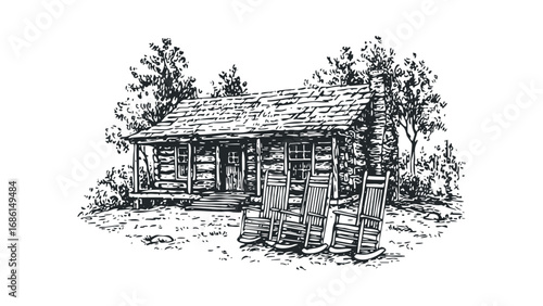 Hand drawn sketch of rustic cabin with rocking chairs on porch surrounded by trees. Vector hand drawn illustration