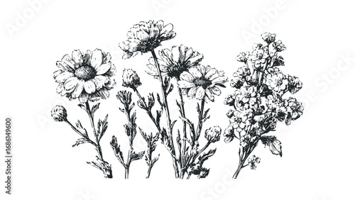 Black and white sketch of assorted blooming flowers on a transparent background. Vector hand drawn illustration