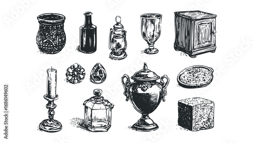 Collection of Vintage Household Objects and Ornaments. Vector hand drawn illustration