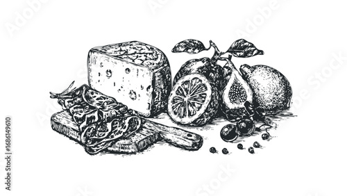 Hand Drawn Still Life Featuring Cheese, Sliced Lemon, and Berries. Vector hand drawn illustration