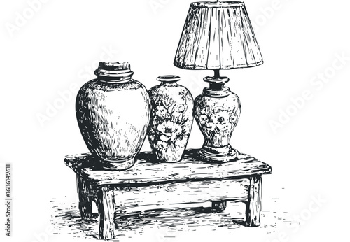 Hand-drawn sketch of three ornate vases and a lamp on a wooden table. Vector hand drawn illustration